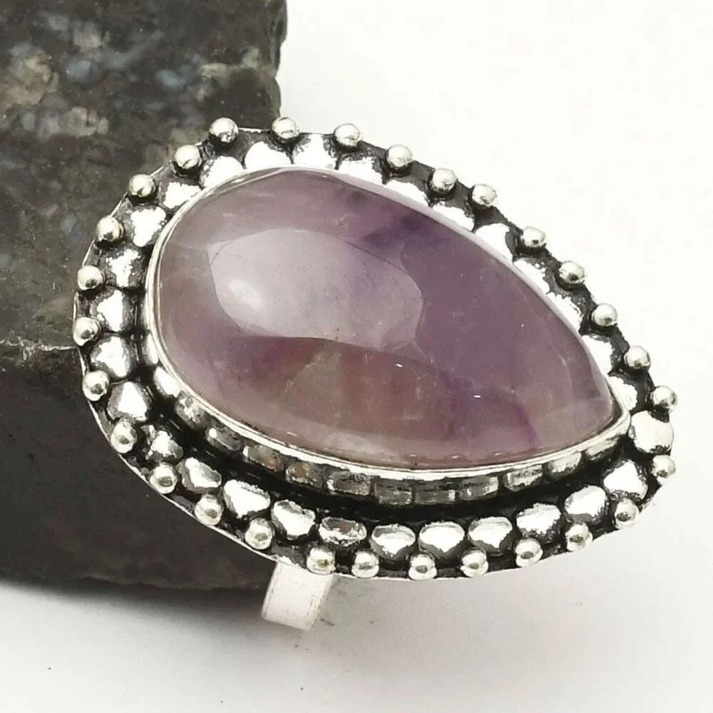 Natural Amethyst Teardrop Cabochon Solitaire Sterling Silver Statement Ring Sz 6